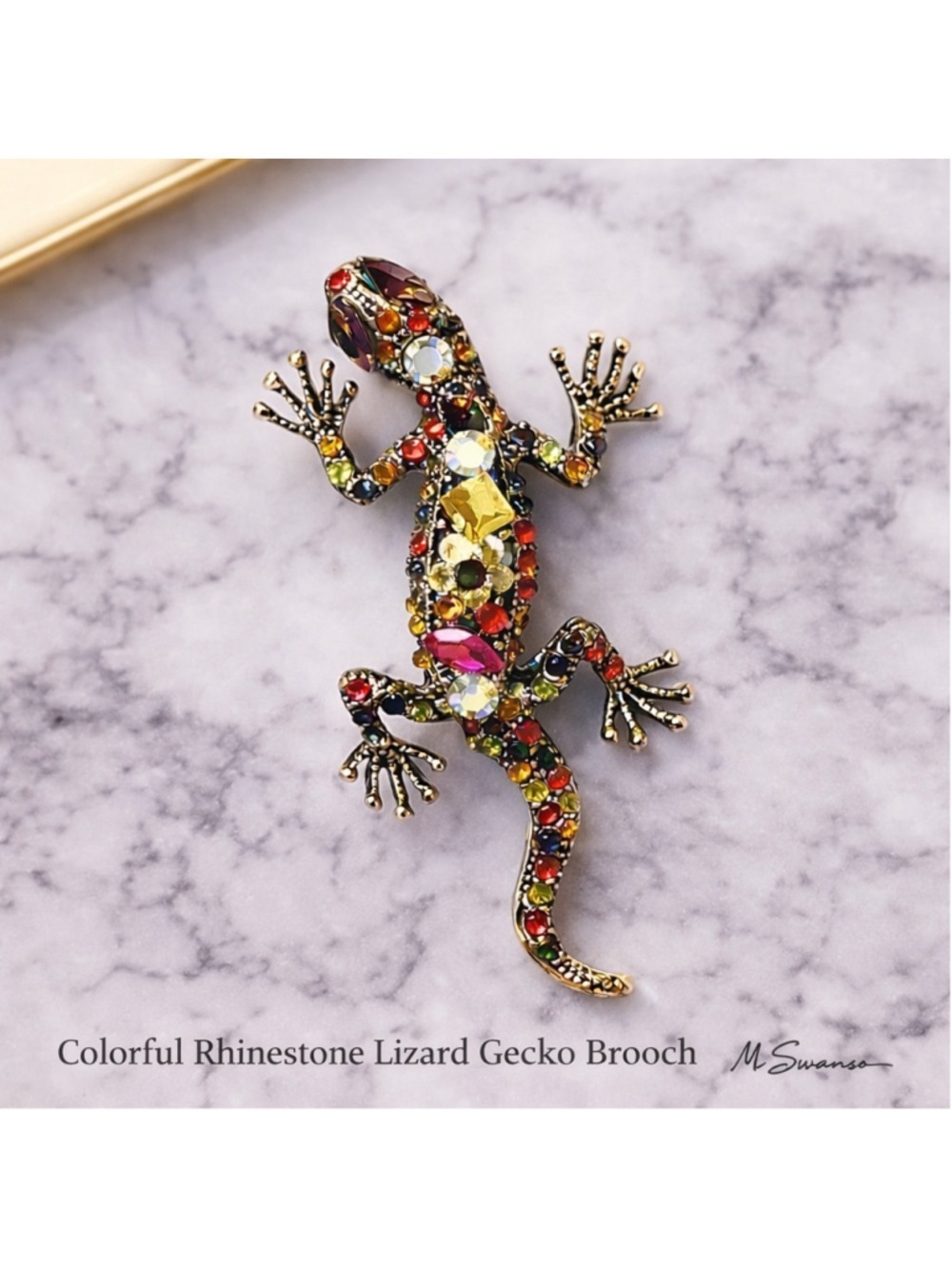 NEW Colorful Rhinestone Lizard Gecko Brooch Pin Bag Charm Gold Tone NWT